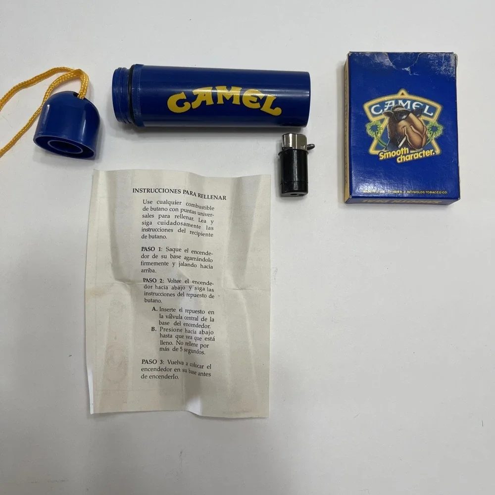 Vtg Camel Cigarette Waterproof Lighter Plastic Case Blue Refillable & Pac Cards.